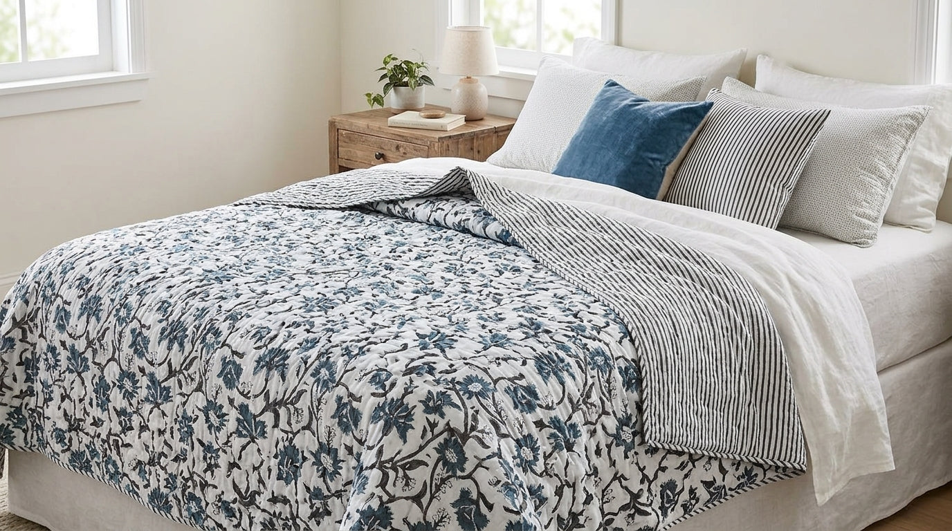 Andrea Ice Blue Floral Hand Block Print Cotton Quilt