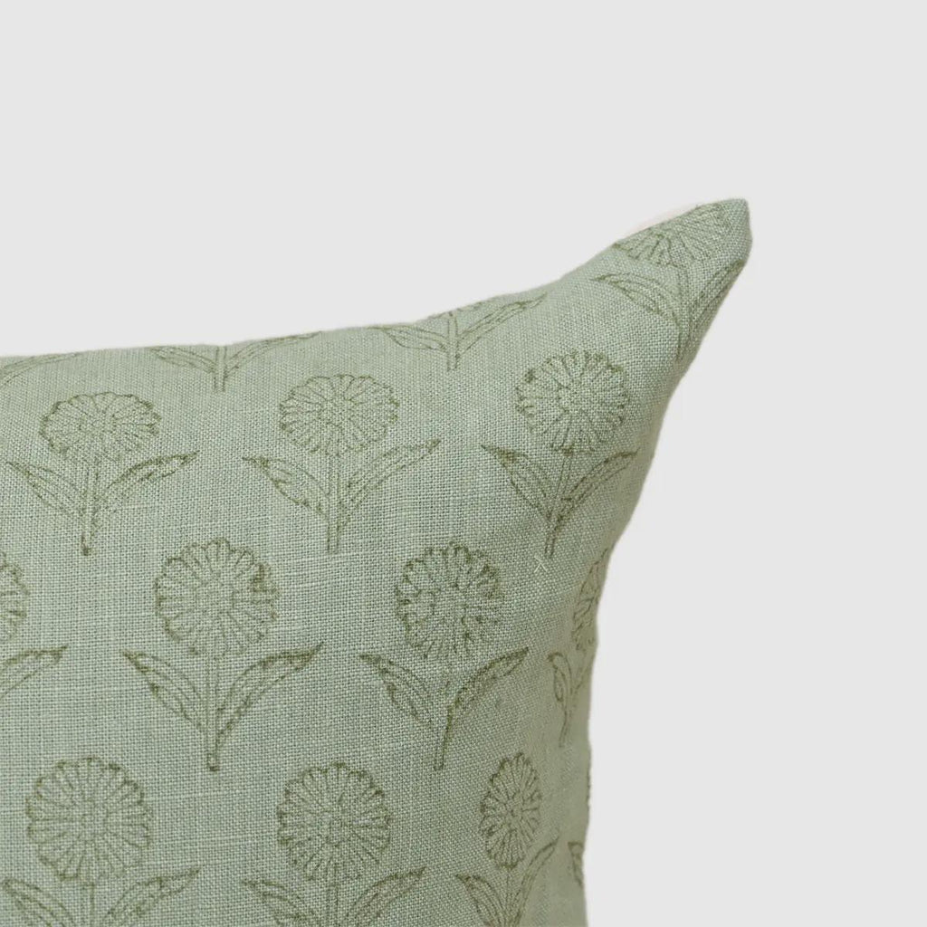 Close-up of tonal floral buti print on sage green linen
