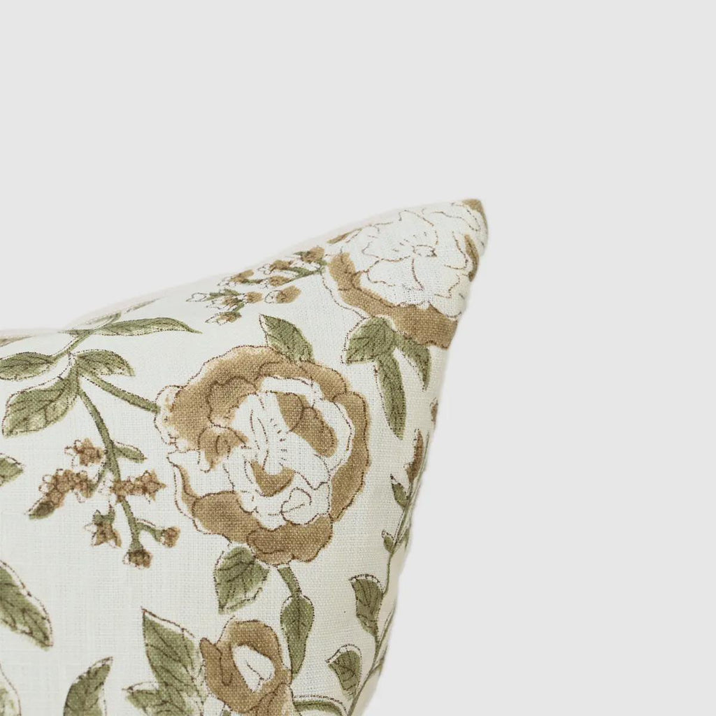 Taupe floral linen pillow cover corner and zipper detail