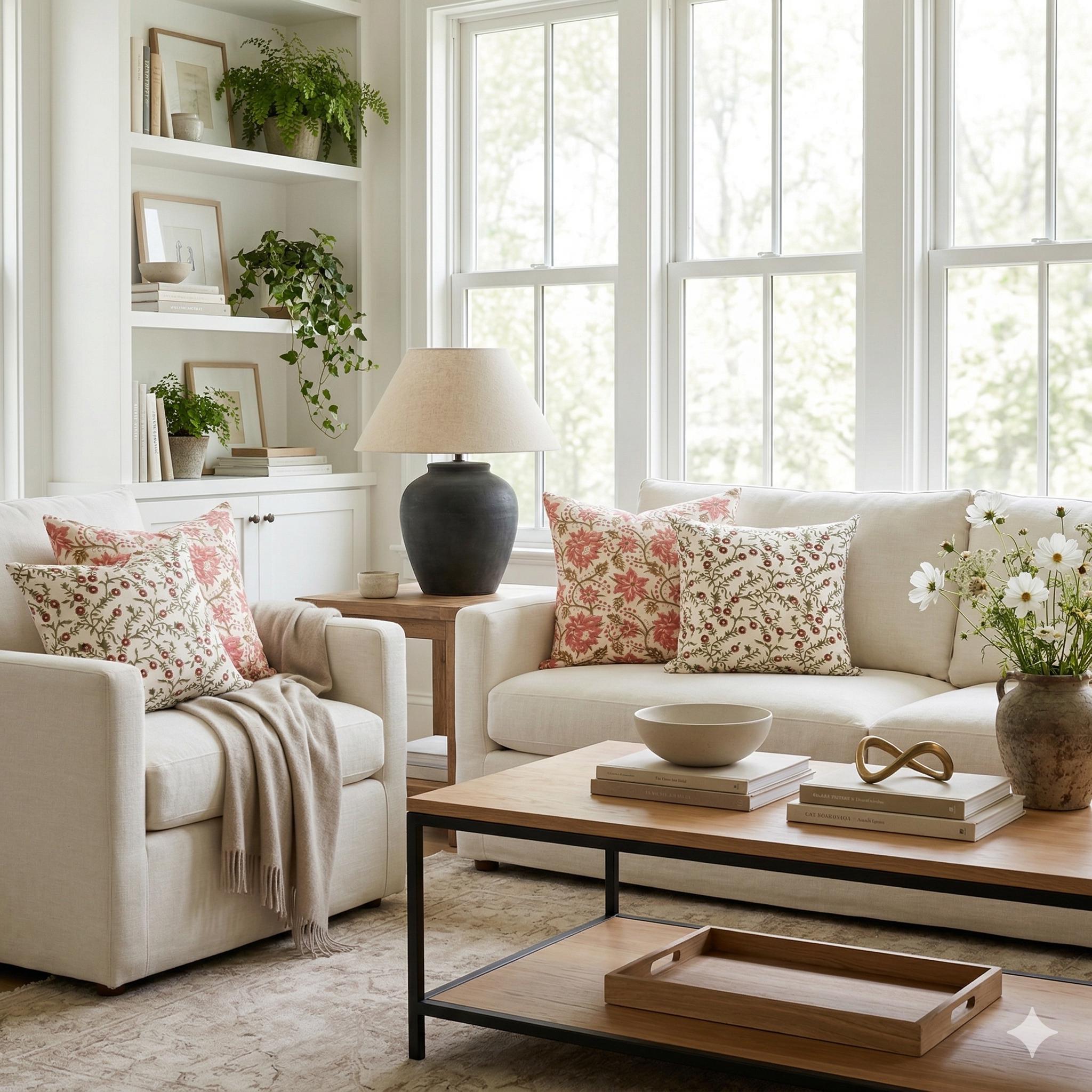 Rose Hand Block Print Linen Pillow Cover