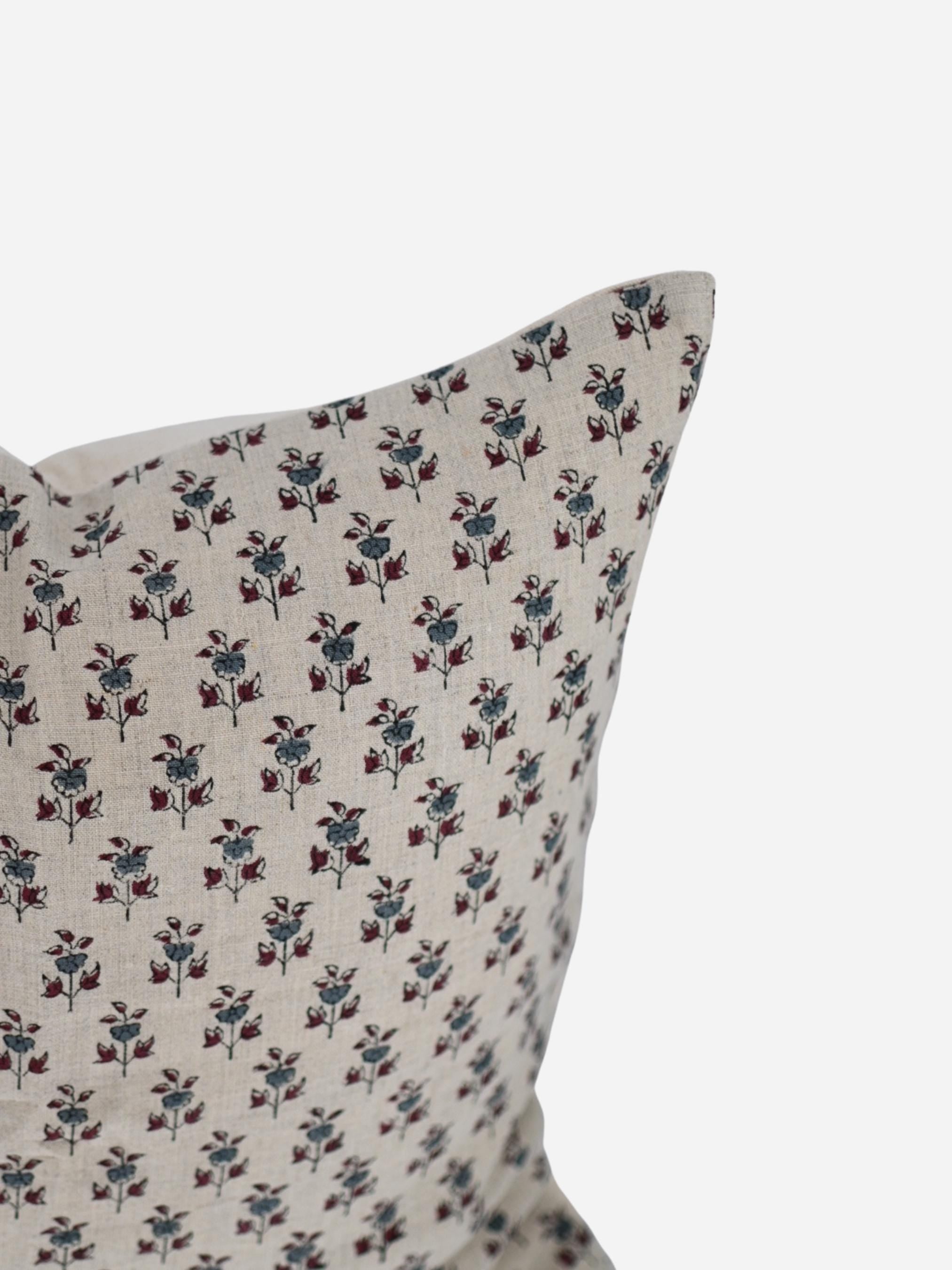 Hand block print linen pillow cover close-up showing floral sprig pattern