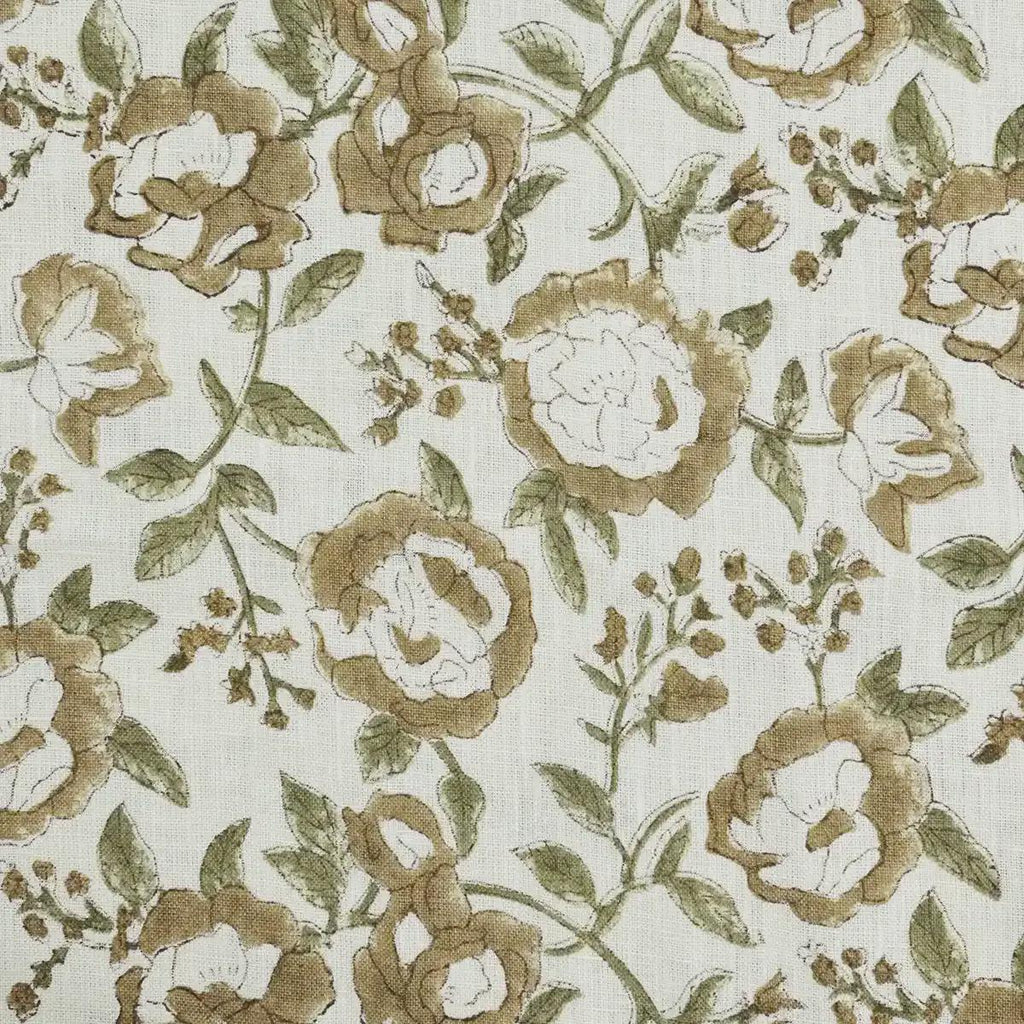 Taupe floral block print linen pillow cover styled on a sofa