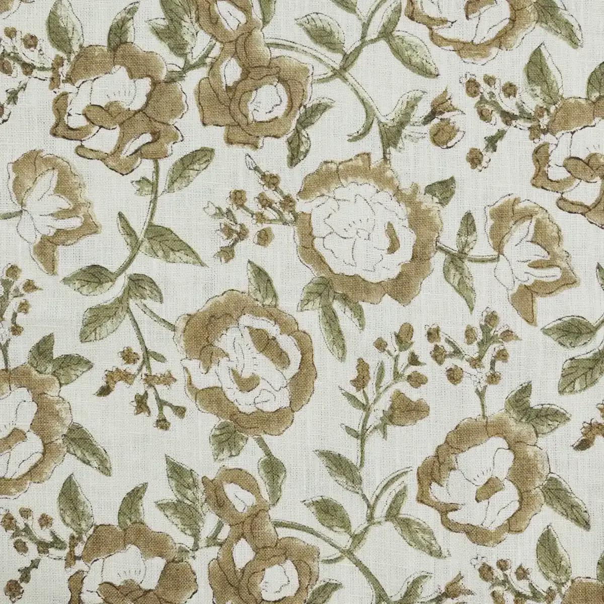 Taupe floral block print linen pillow cover styled on a sofa