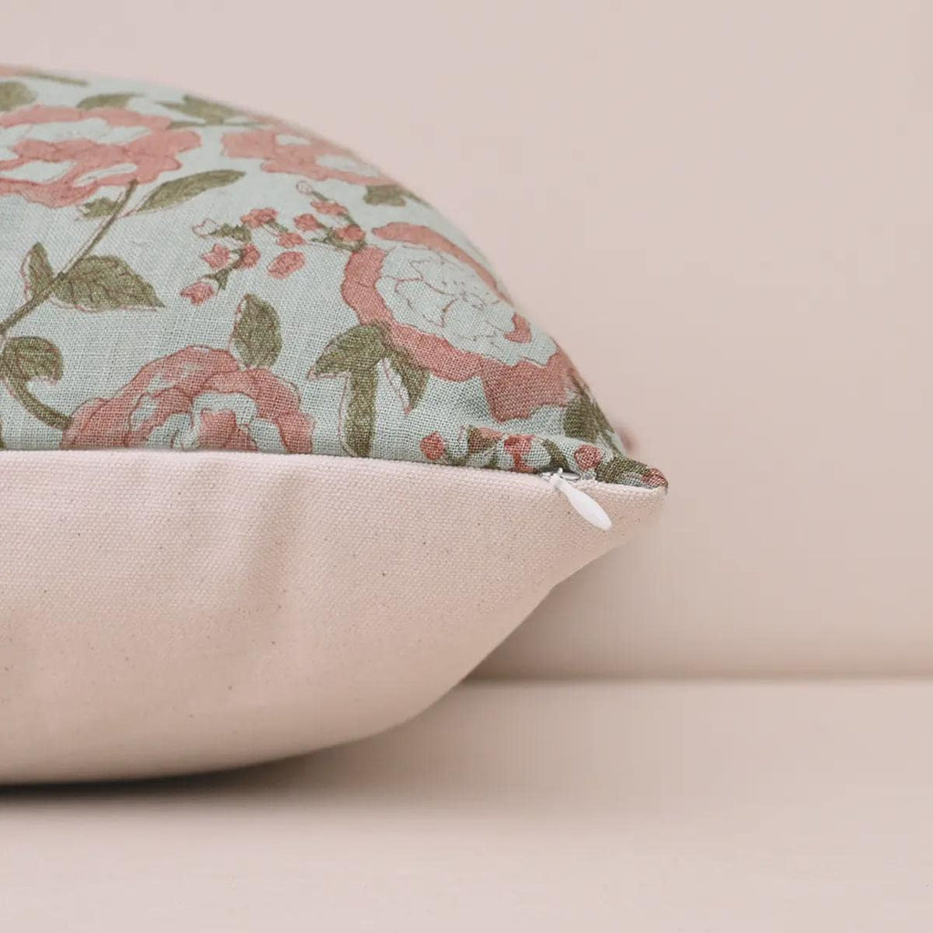 Terracotta pink rose linen pillow cover corner and zipper detail
