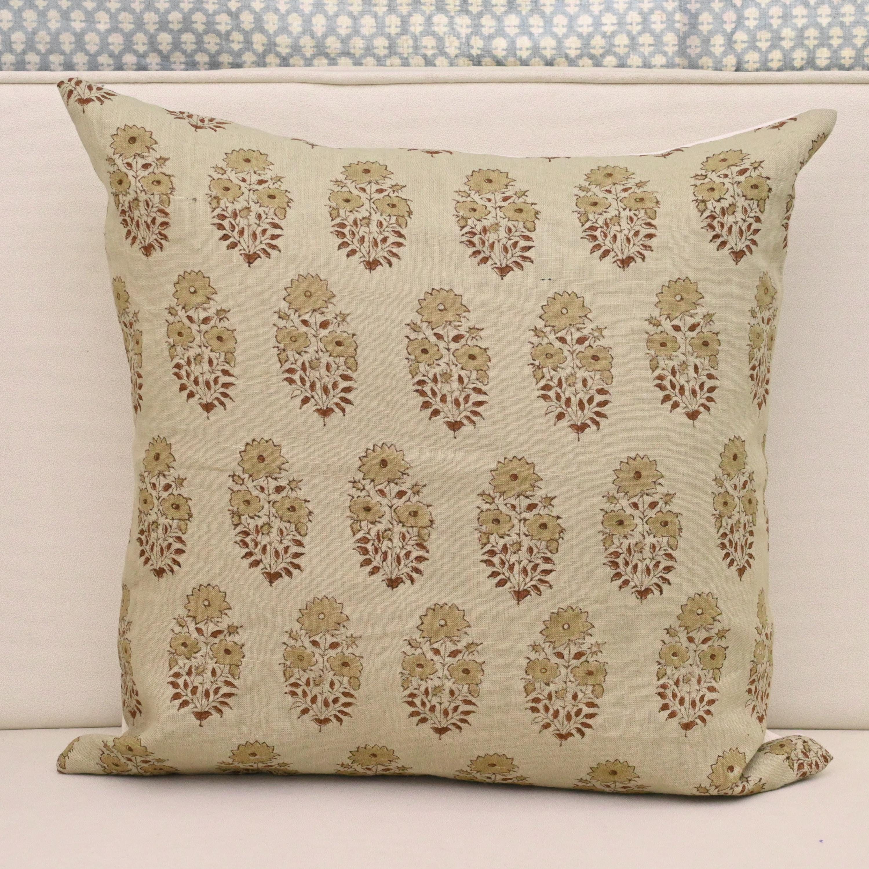 Mustard gold buta floral hand block print linen cushion cover on ivory background