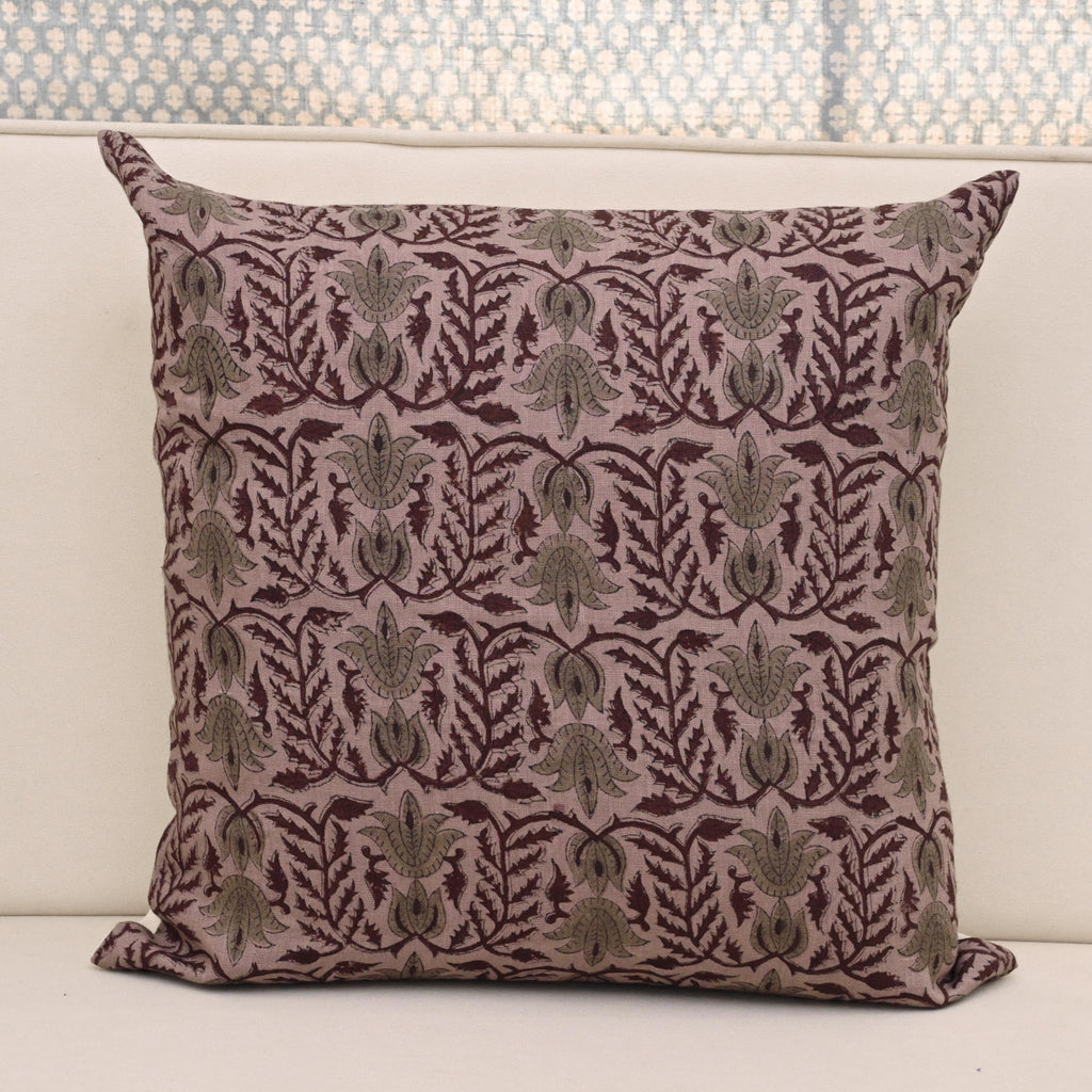 Mauve linen pillow cover with hand block printed damask lotus vine in wine and sage, front view