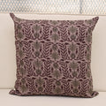 Mauve linen pillow cover with hand block printed damask lotus vine in wine and sage, front view