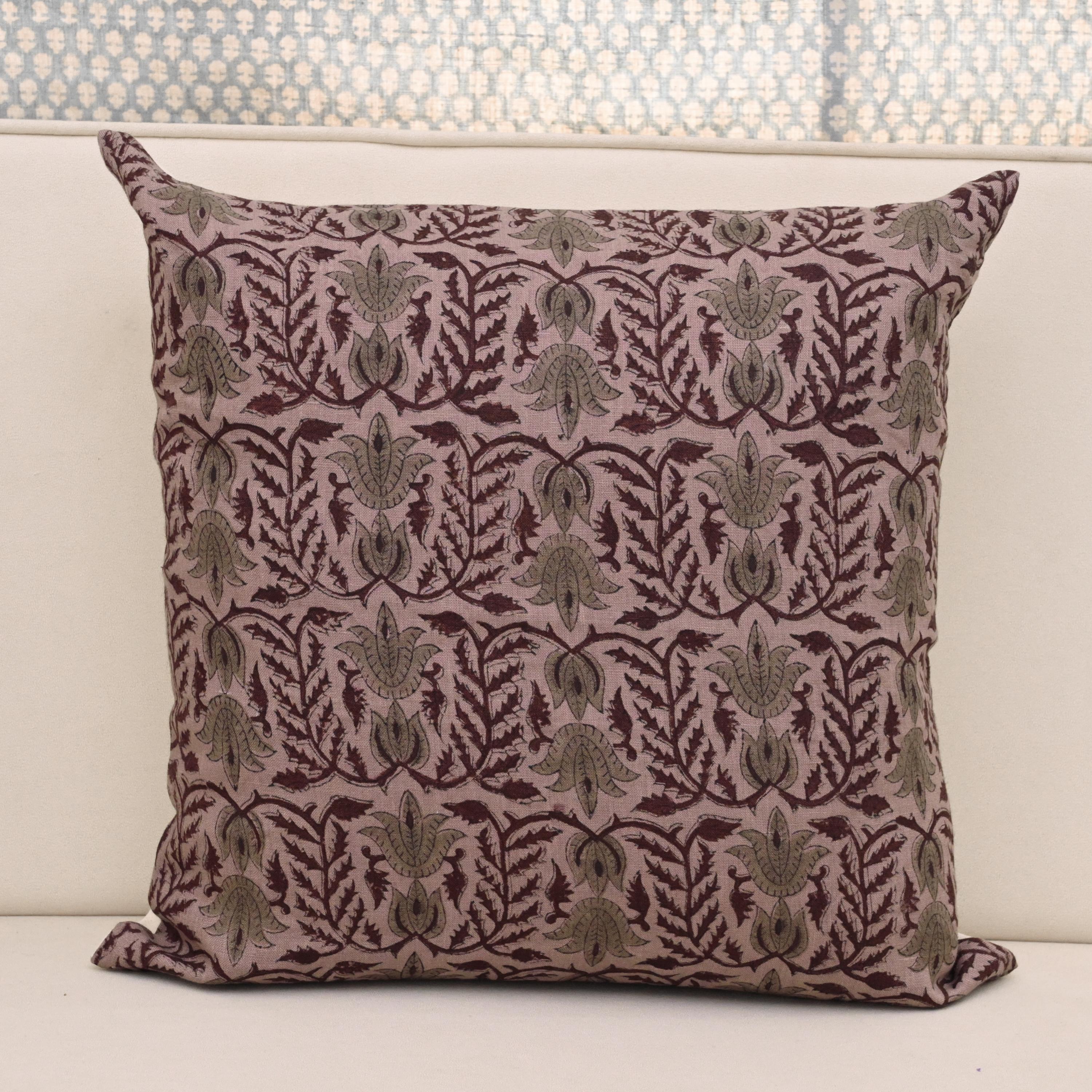Mauve linen pillow cover with hand block printed damask lotus vine in wine and sage, front view