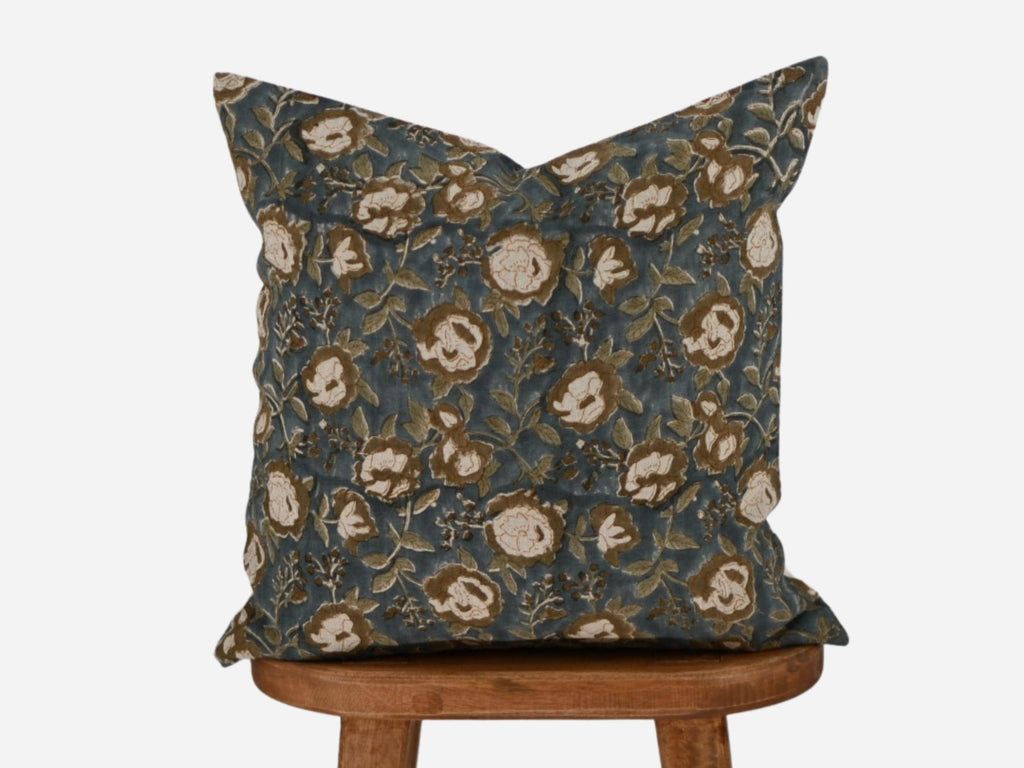 Slate blue mustard rose floral hand block print linen pillow cover, front view