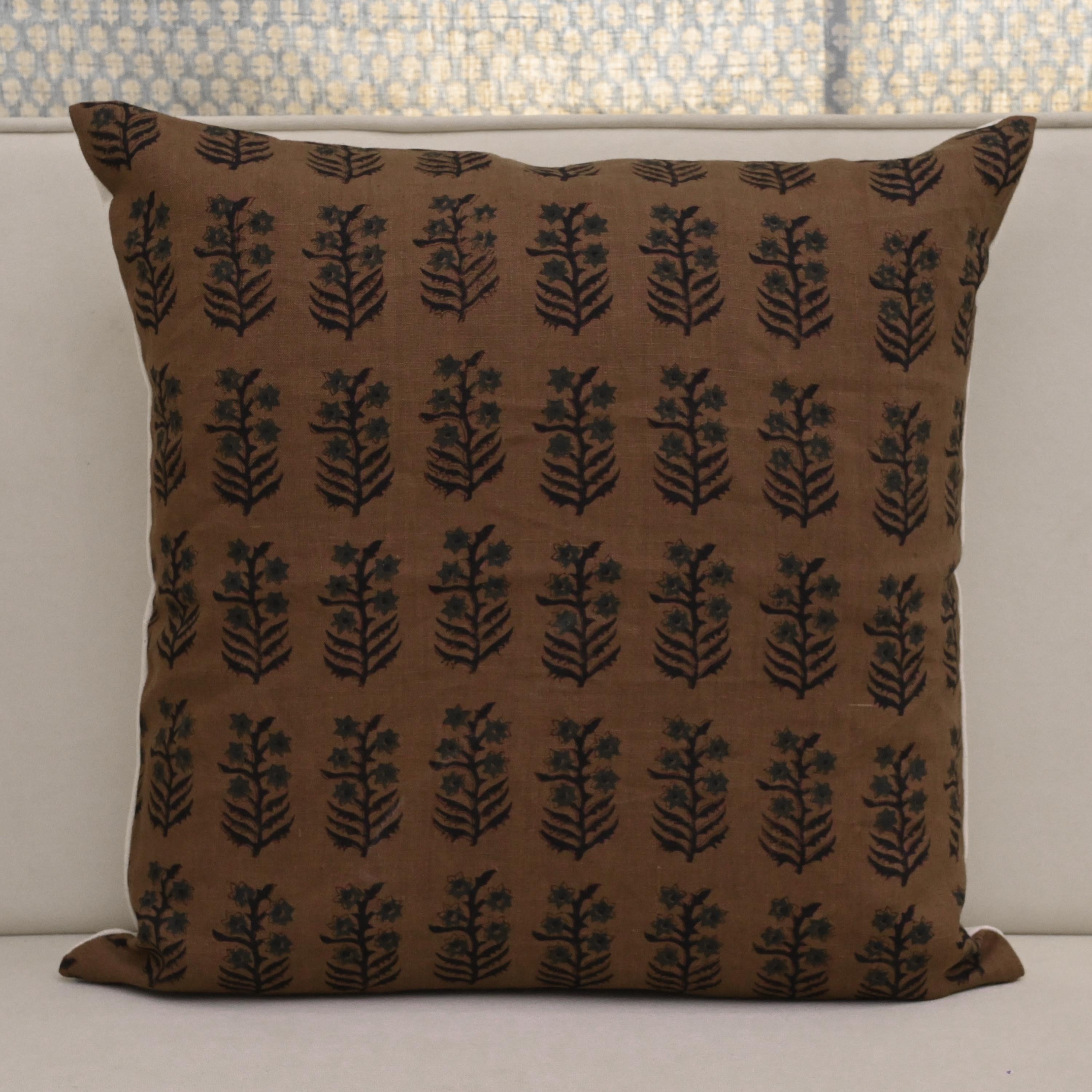 Front view of brown vintage floral booti hand block print cushion cover