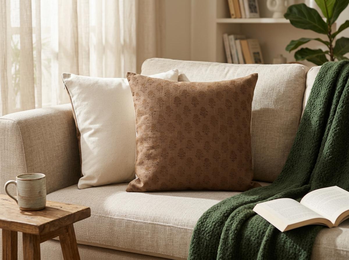 Hidden zipper closure on brown floral buta block print cushion cover