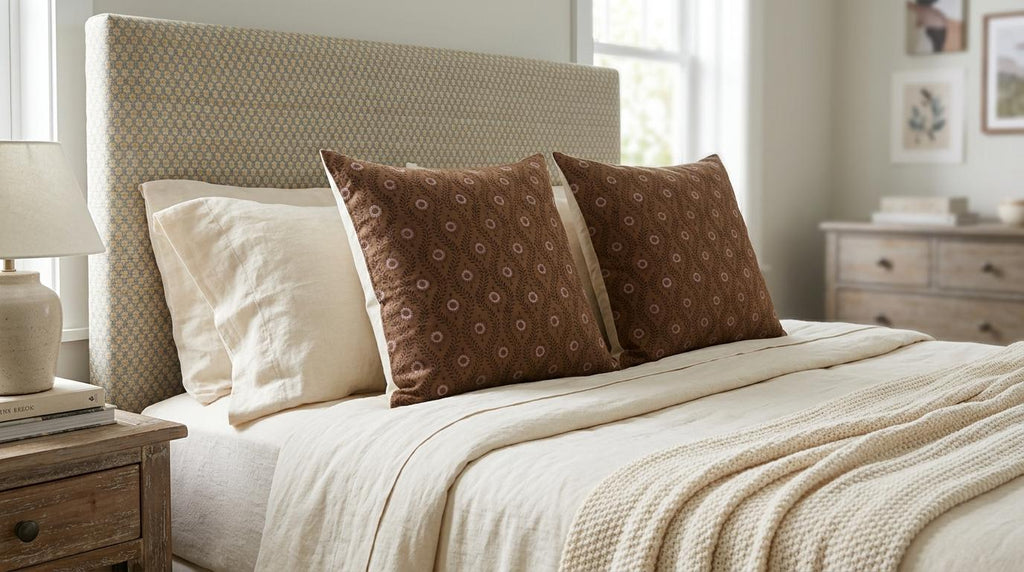 Brown vine medallion linen cushion cover styled in a living room
