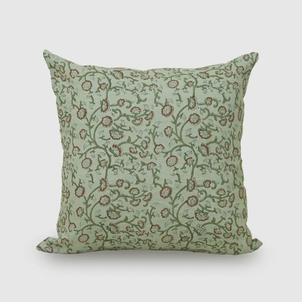 Sage green jaal botanical block print linen pillow cover, front view