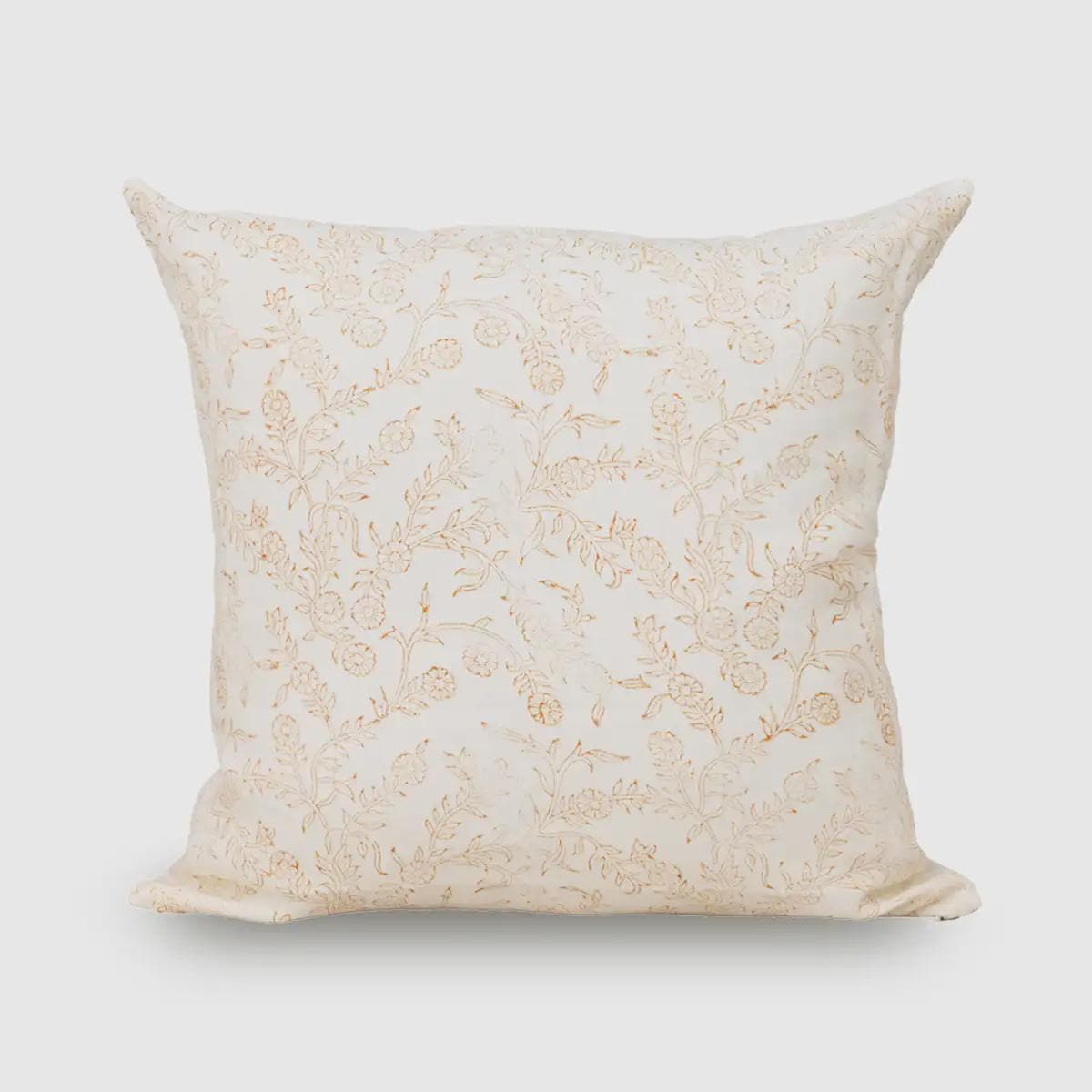 Ivory tone-on-tone floral hand block print linen pillow cover, front view