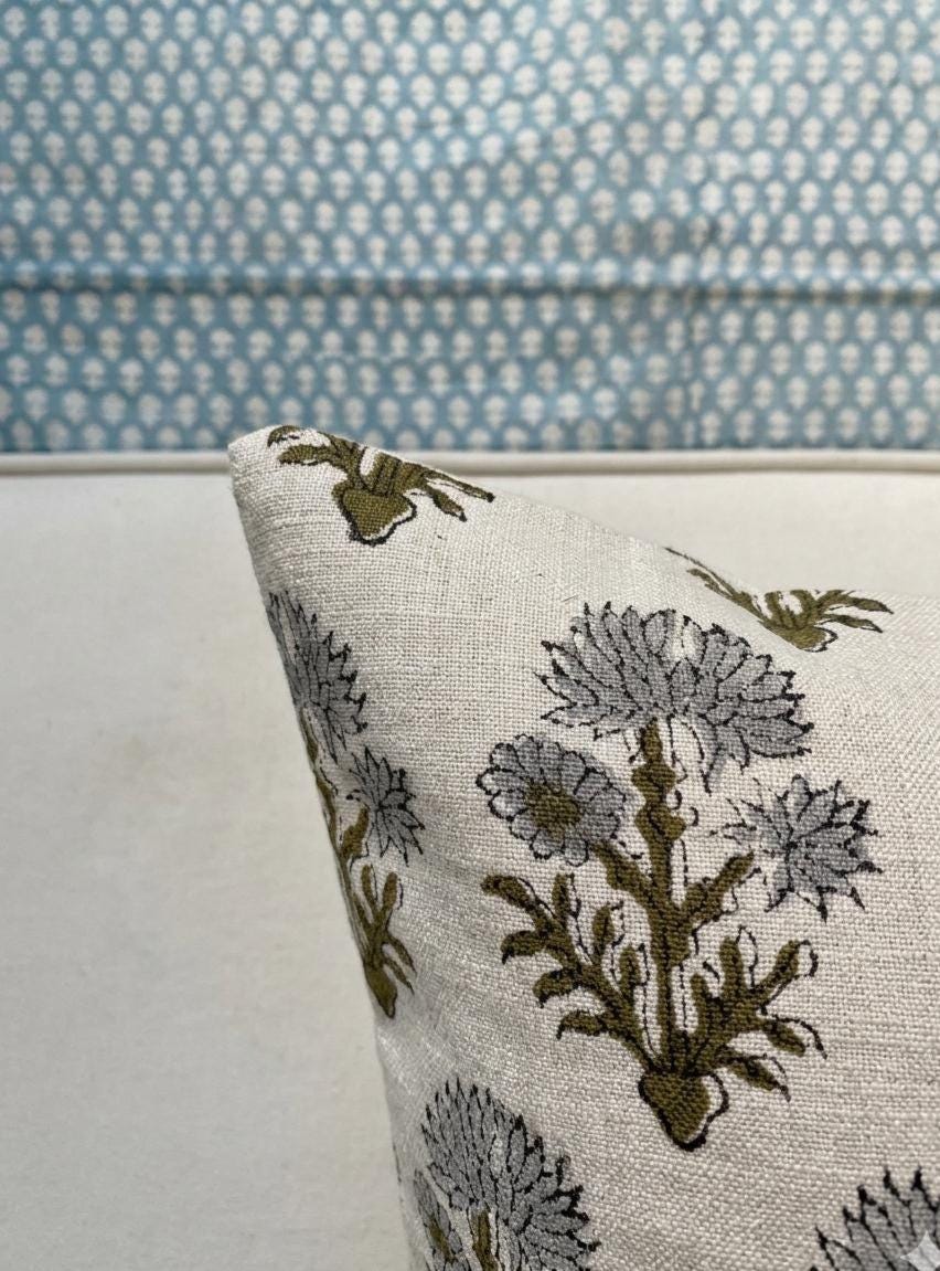 Mughal buta linen pillow cover styled on a sofa