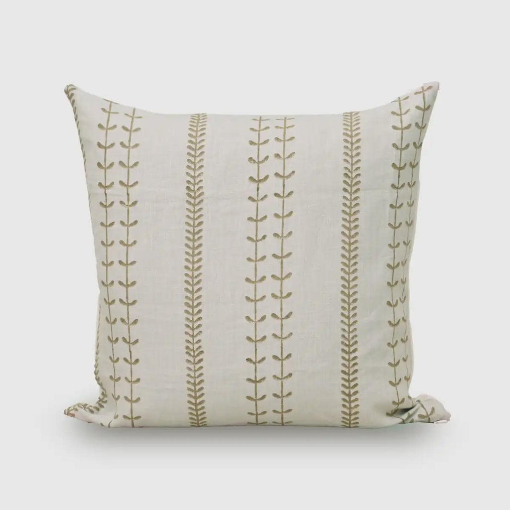 Olive green leaf trail hand block print linen pillow cover, front view