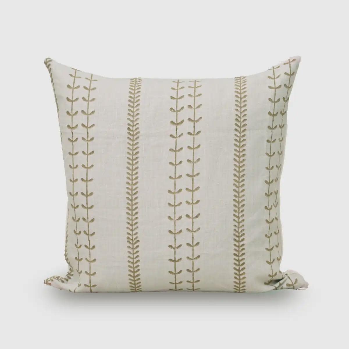 Olive green leaf trail hand block print linen pillow cover, front view