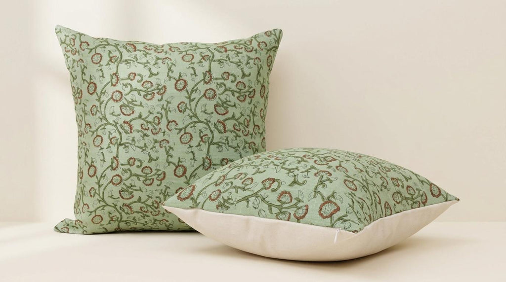Sage green block print linen pillow cover fabric texture close-up