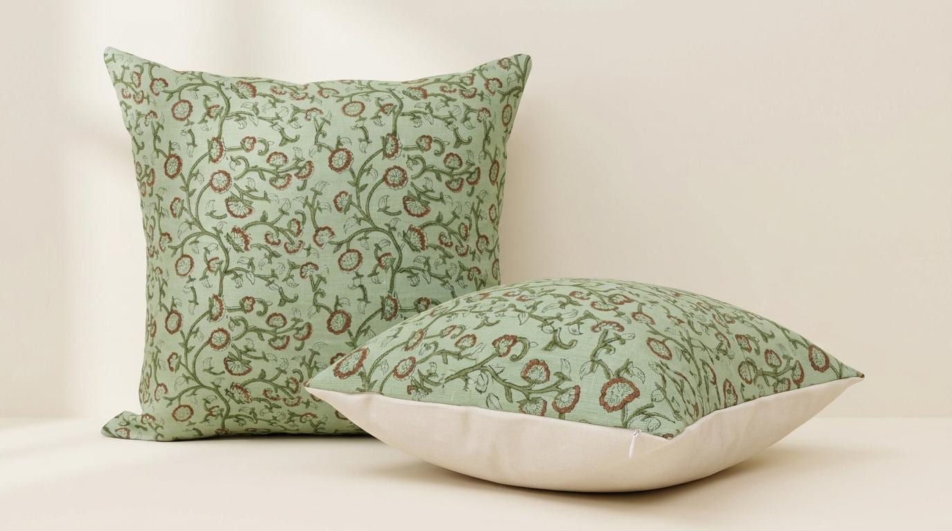 Sage green block print linen pillow cover fabric texture close-up