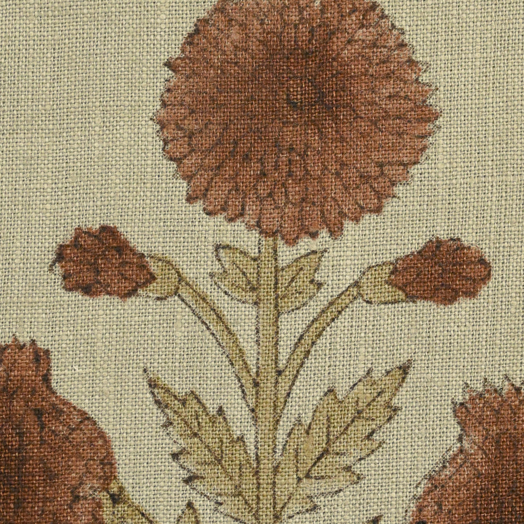 Hidden zipper and corner detail of rust dahlia linen pillow cover