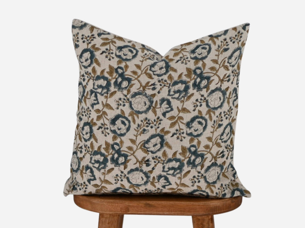 Slate blue rose floral hand block print linen pillow cover, front view