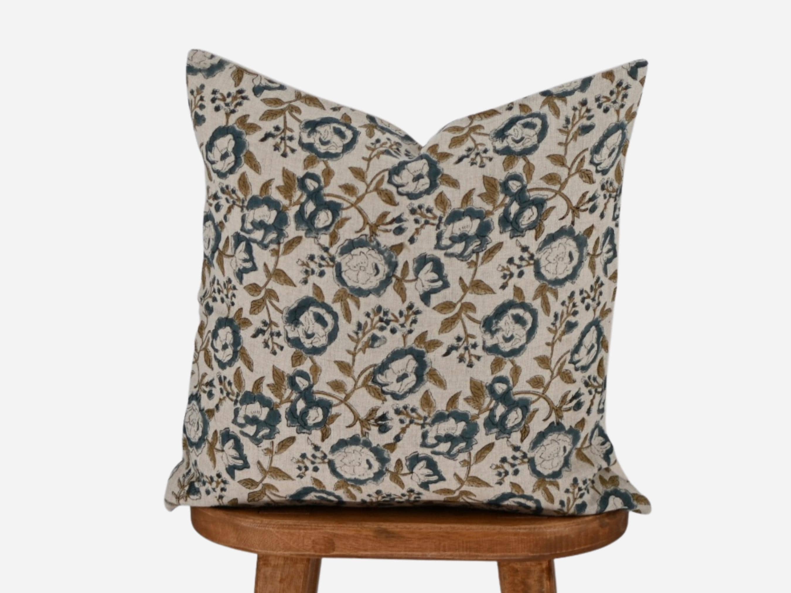 Slate blue rose floral hand block print linen pillow cover, front view