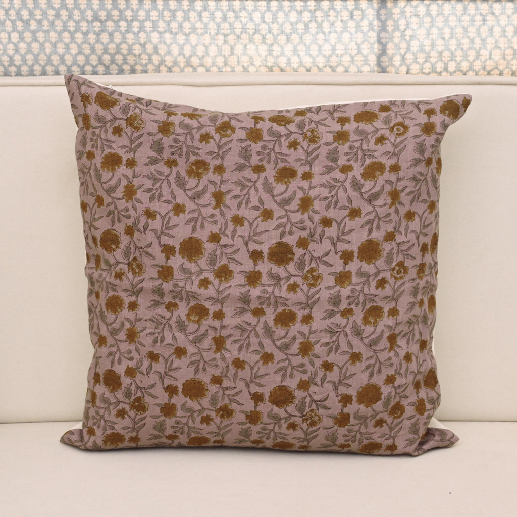 Dusty mauve linen pillow cover with hand block printed carnation trail in ochre gold and smoky sage, front view