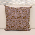 Dusty mauve linen pillow cover with hand block printed carnation trail in ochre gold and smoky sage, front view