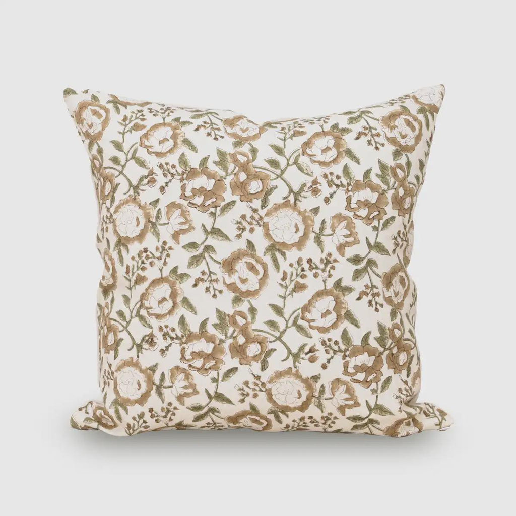 Taupe brown floral hand block print linen pillow cover, front view