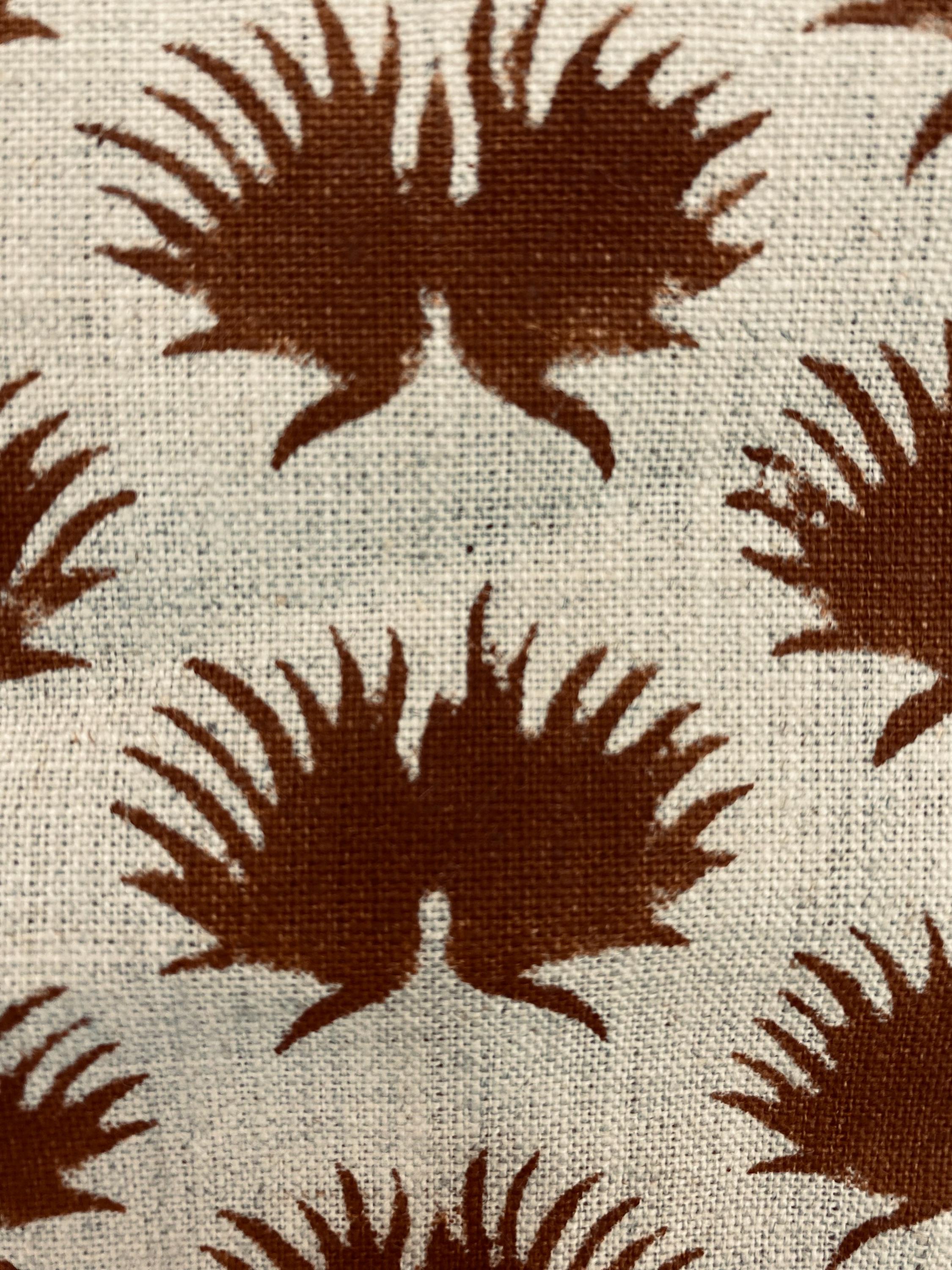 Rust fern hand block print linen pillow cover, corner and zipper detail