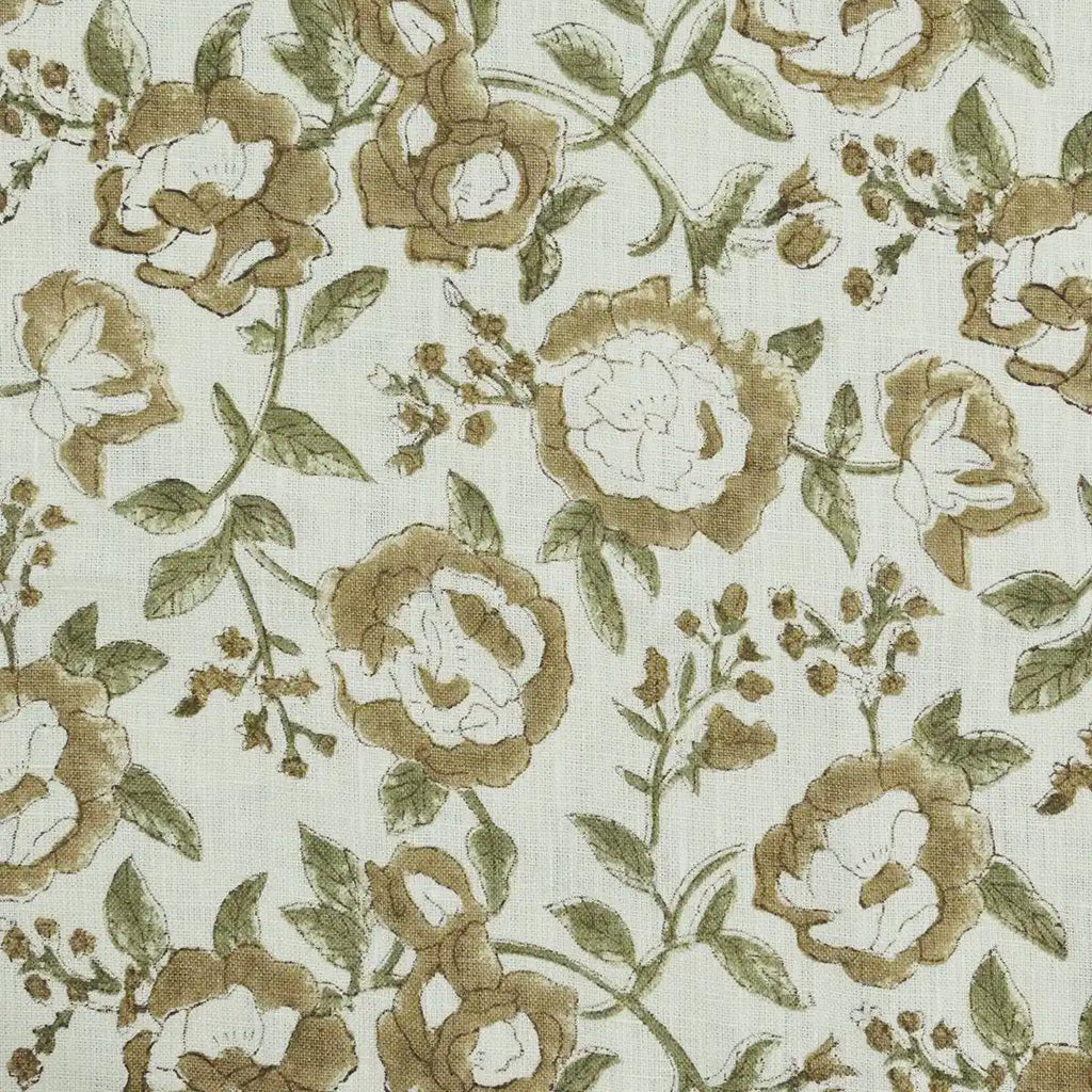 Close-up of taupe brown floral print on ivory linen