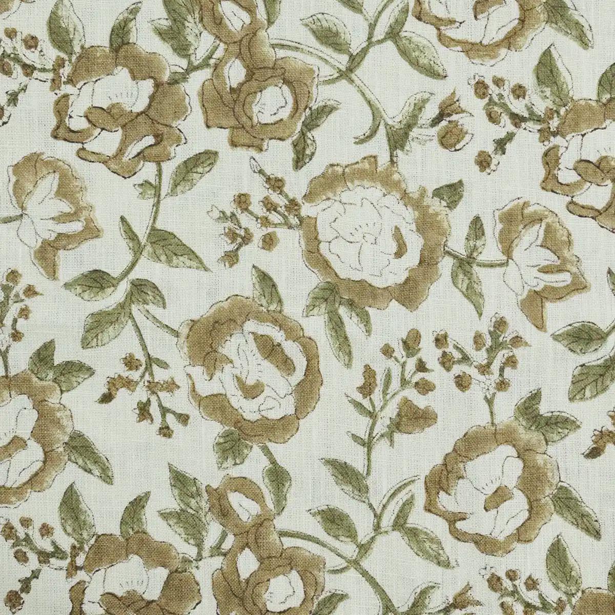 Close-up of taupe brown floral print on ivory linen