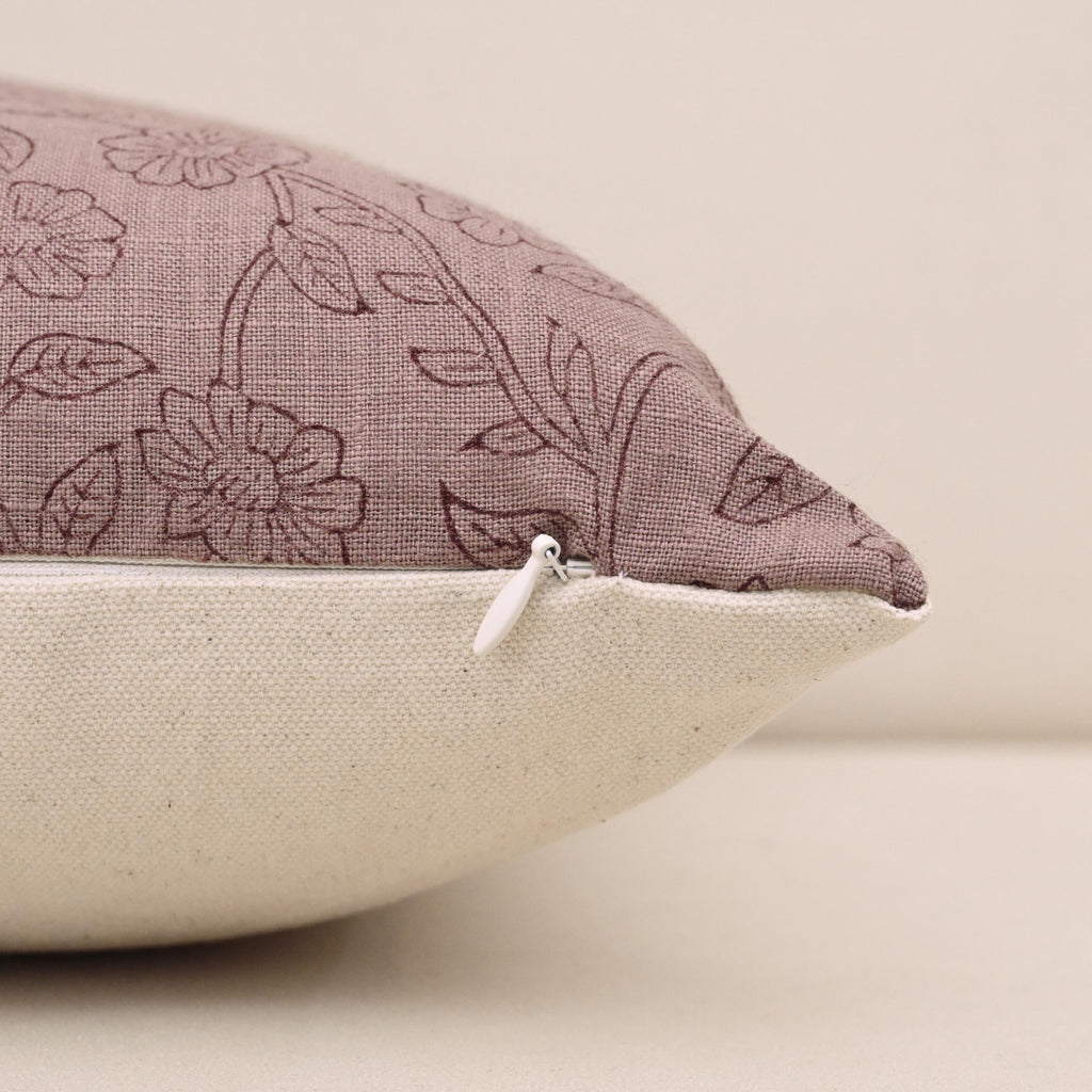 Corner and hidden zipper detail on Haven ditsy floral linen pillow cover