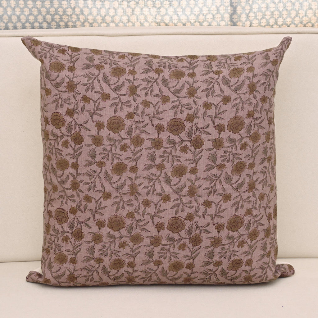 Dusty mauve linen pillow cover with hand block printed wild rose and hibiscus vine in charcoal and gold, front view