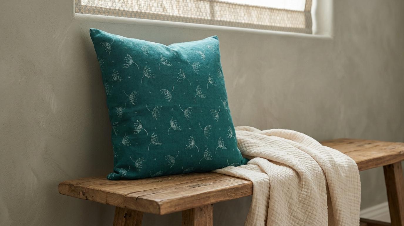Corner detail of teal wild rose block print linen pillow cover