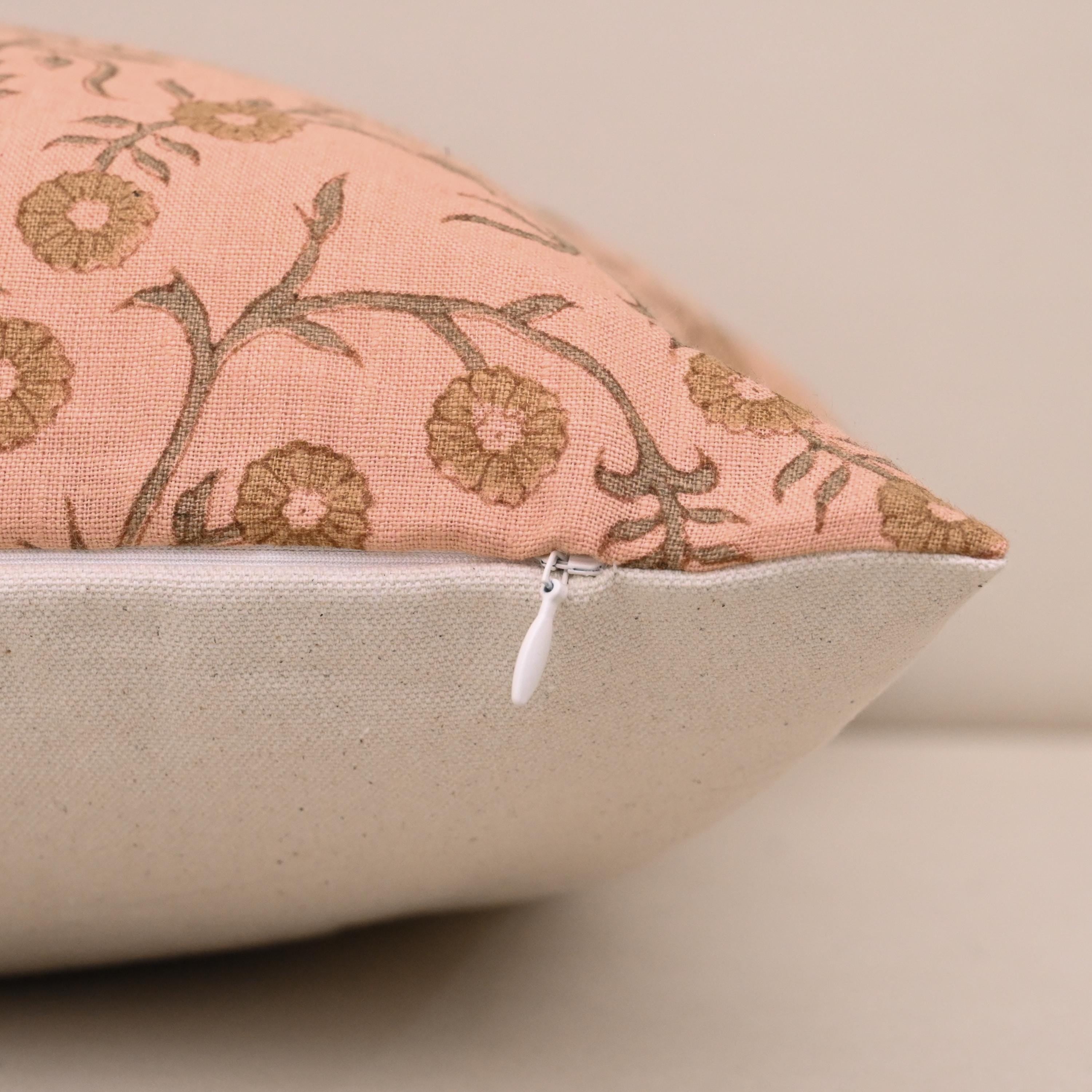 Coral floral hand block print linen pillow cover, fabric texture close-up