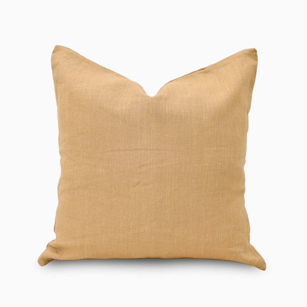 Mustard solid linen pillow cover, front view showing warm tan-gold tone