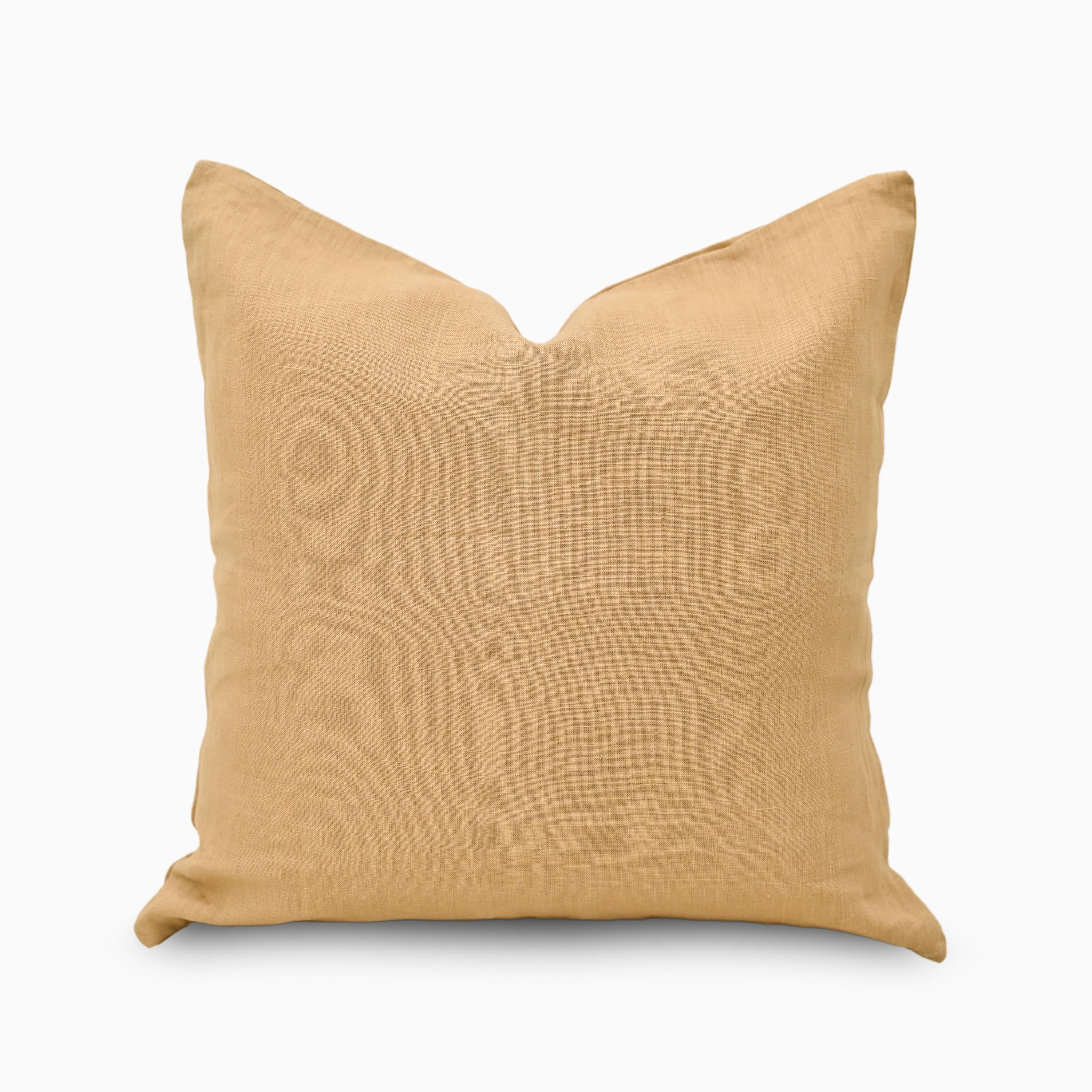 Mustard solid linen pillow cover, front view showing warm tan-gold tone