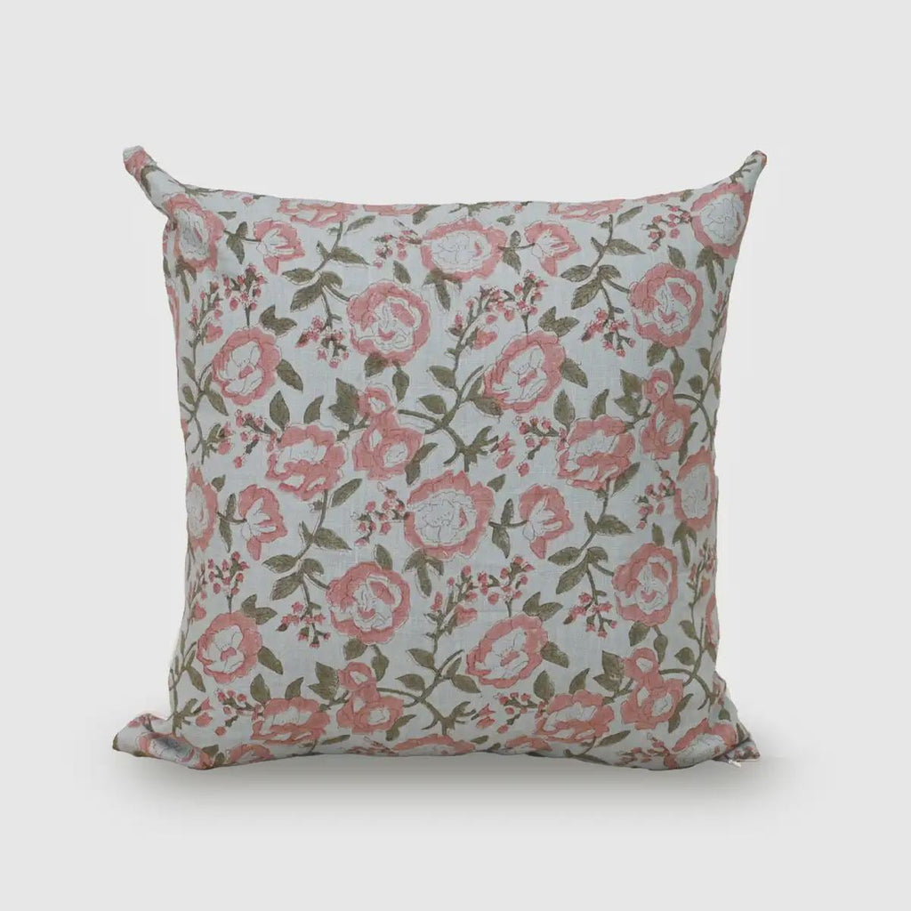 Terracotta pink rose hand block print linen pillow cover, front view