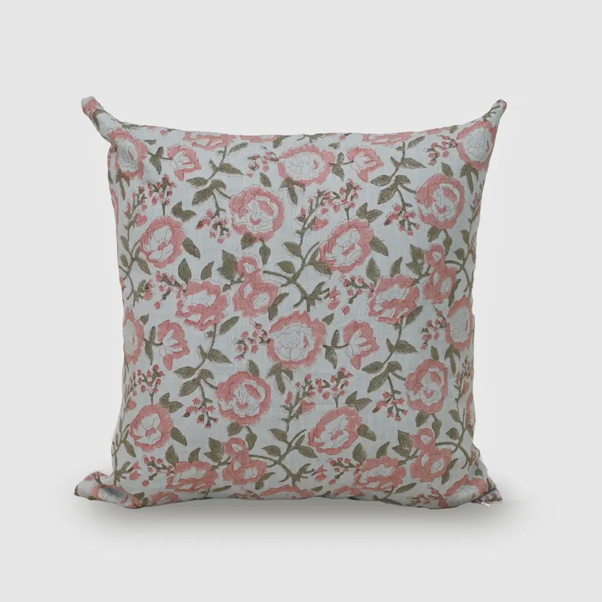 Terracotta pink rose hand block print linen pillow cover, front view