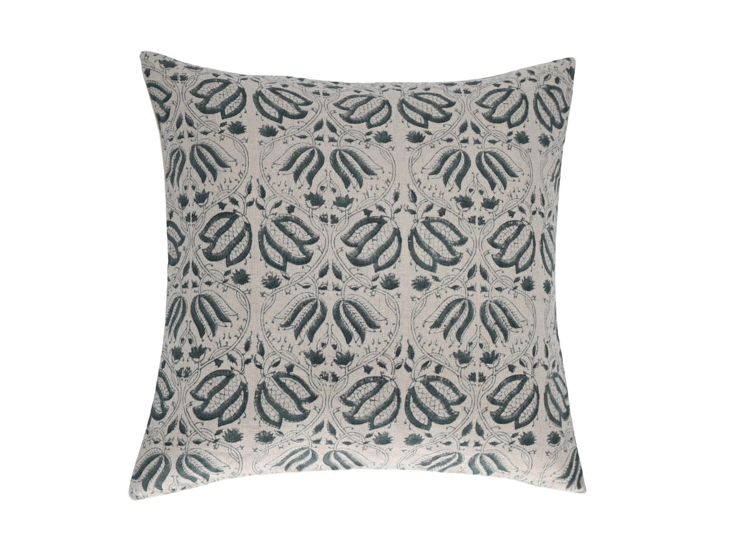 Teal lotus damask hand block print linen pillow cover, front view