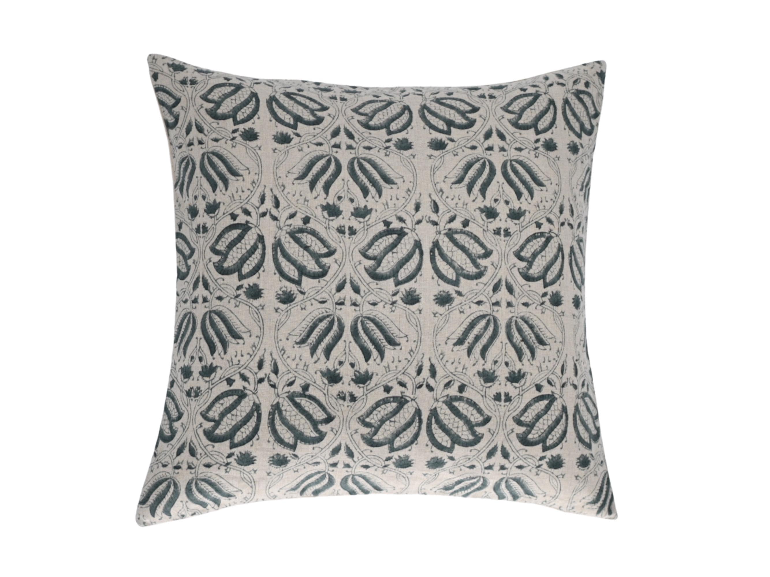 Teal lotus damask hand block print linen pillow cover, front view