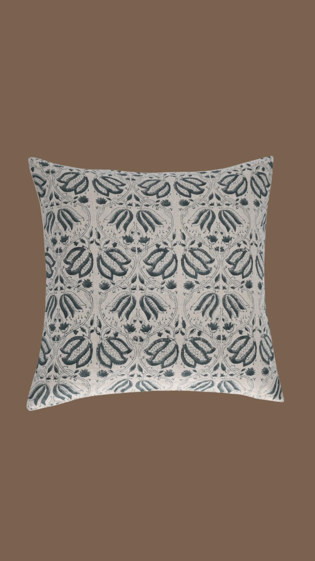 Close-up of the teal lotus hand block print on natural linen