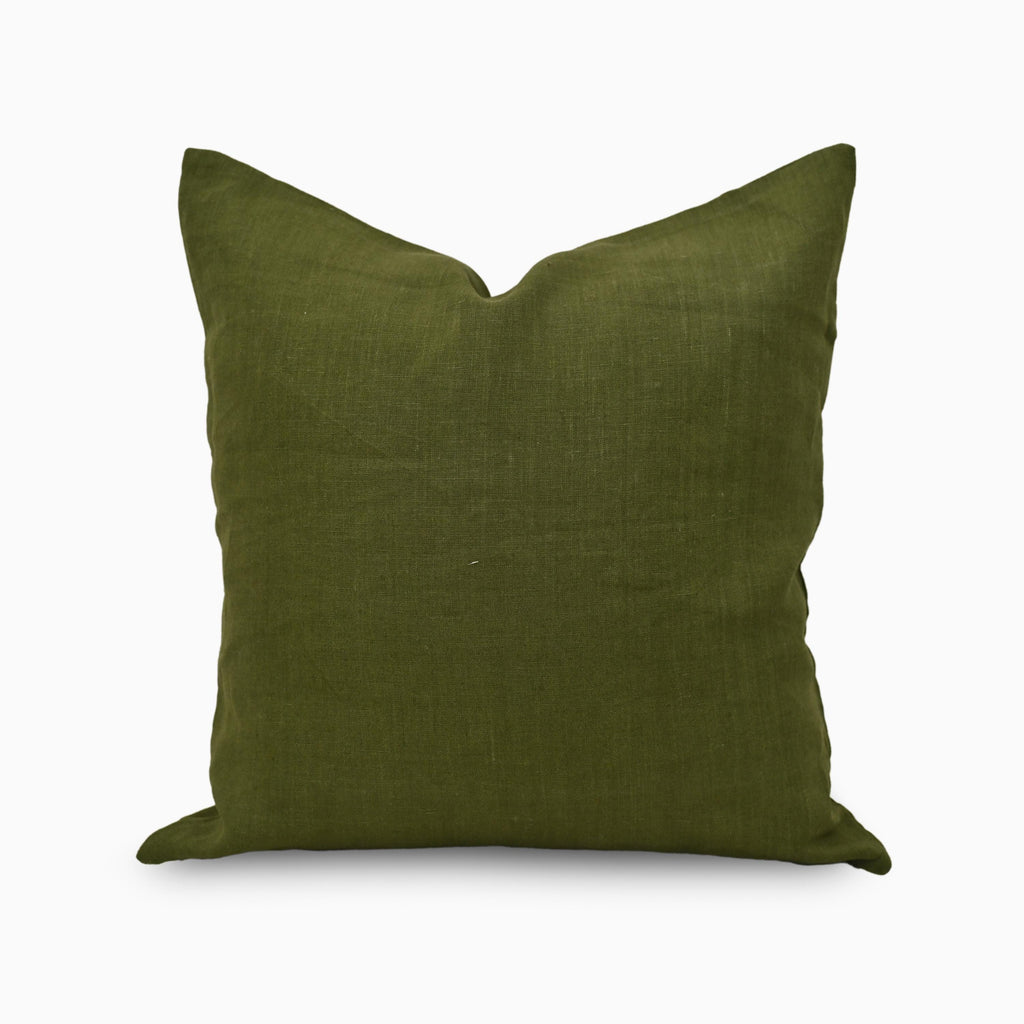 Olive green solid linen pillow cover, front view showing deep olive tone