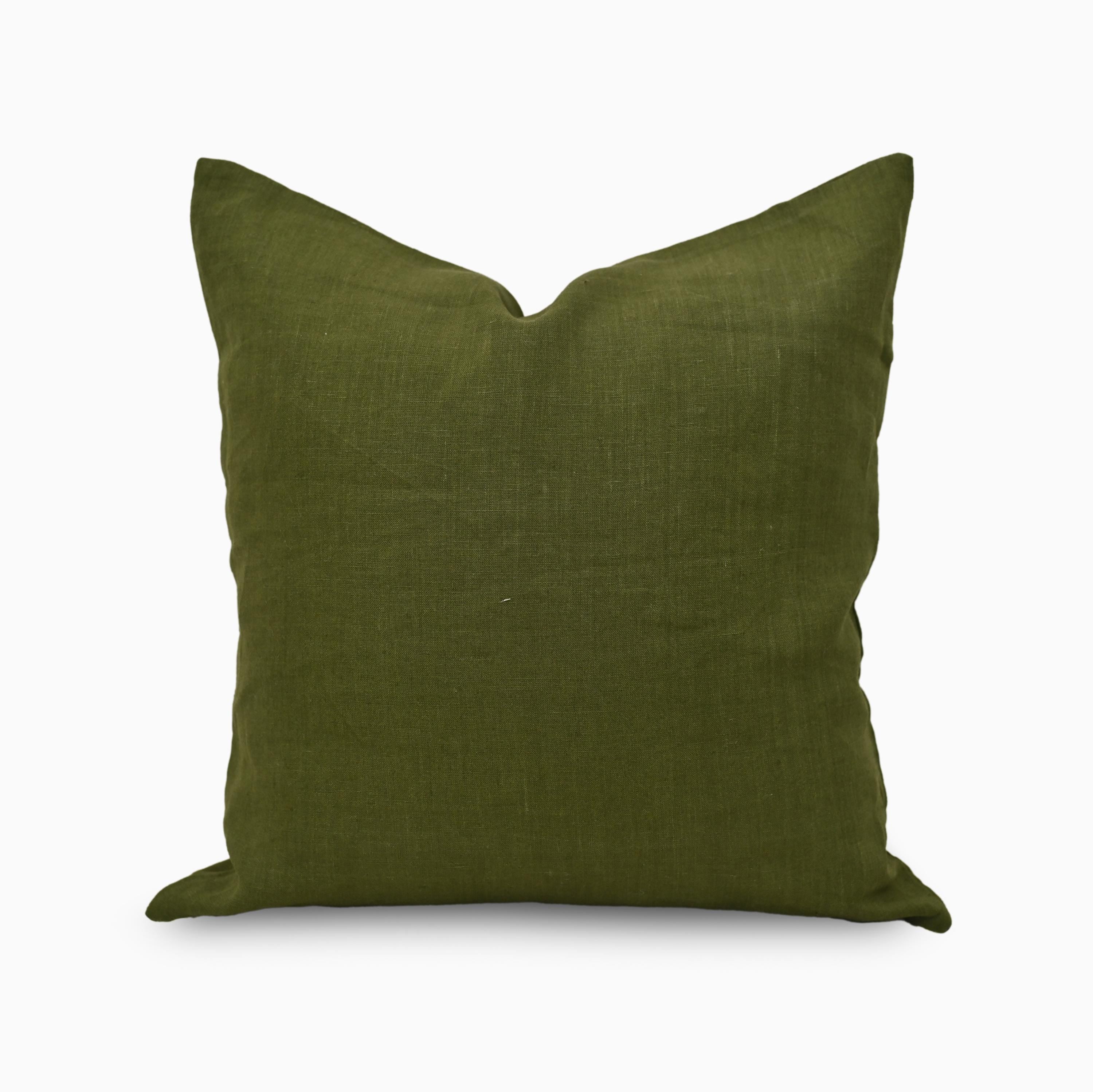 Olive green solid linen pillow cover, front view showing deep olive tone