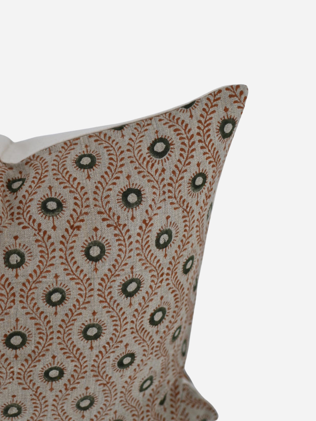 Close-up of the rust olive paisley ogee hand block print on natural linen