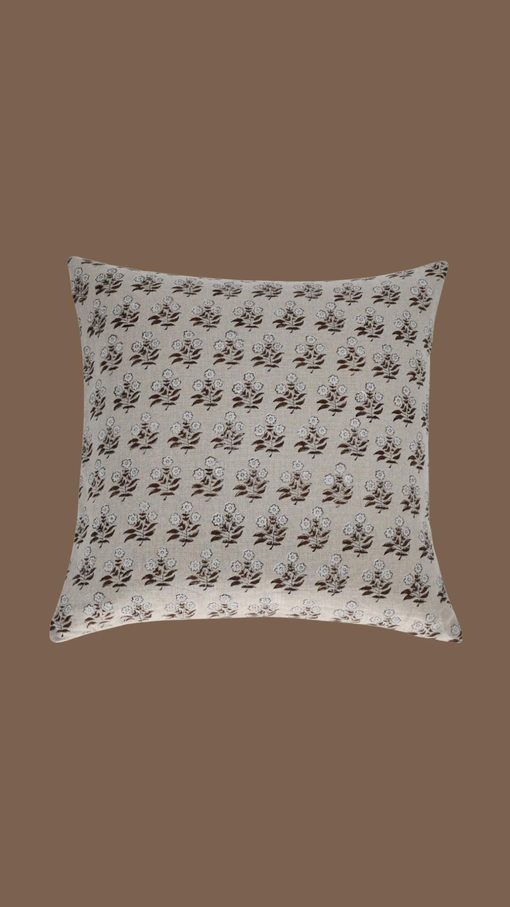Close-up of the brown ditsy floral hand block print on natural linen