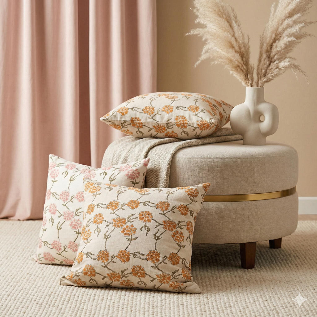 Marigold hand block print linen pillow cover styled in a living room