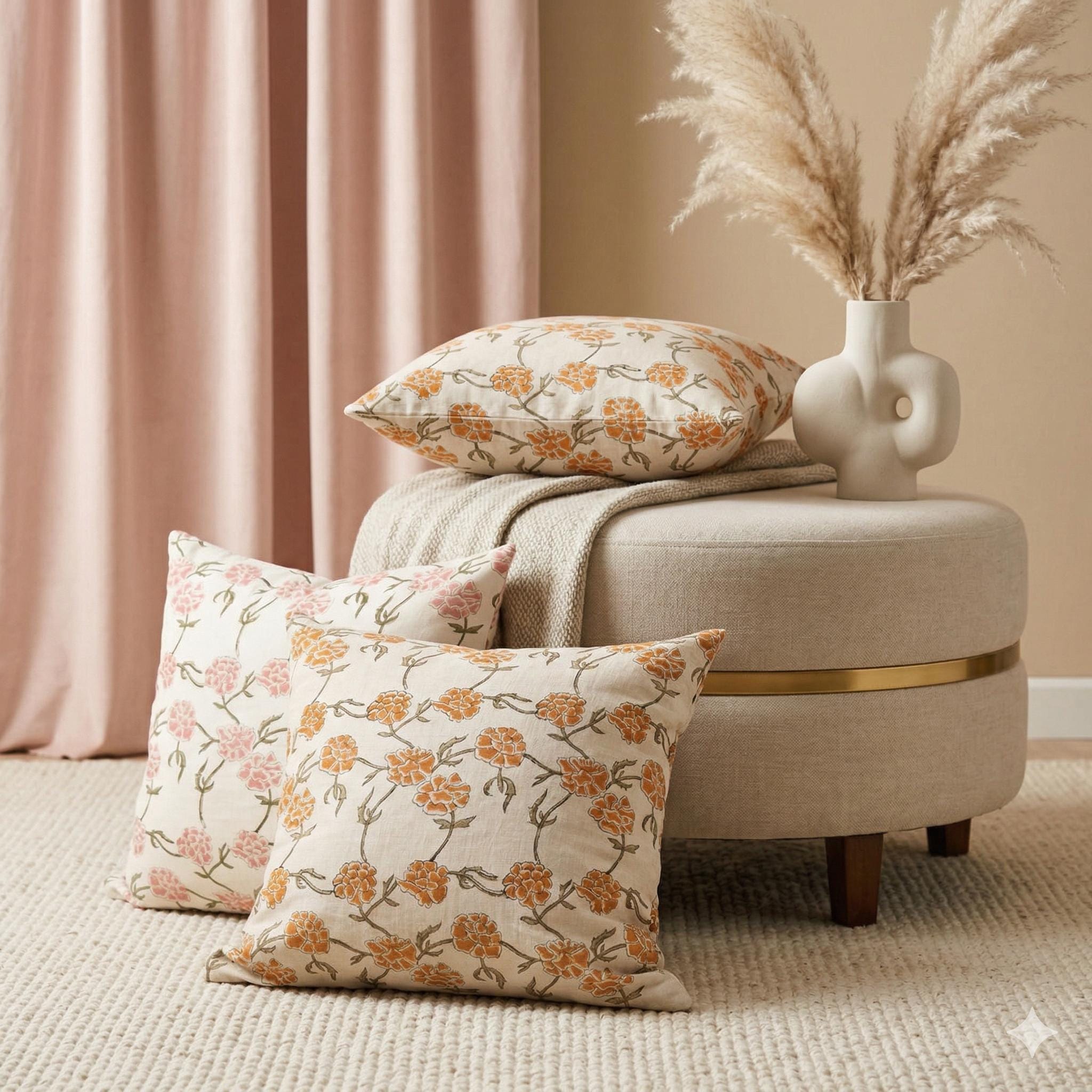 Marigold hand block print linen pillow cover styled in a living room