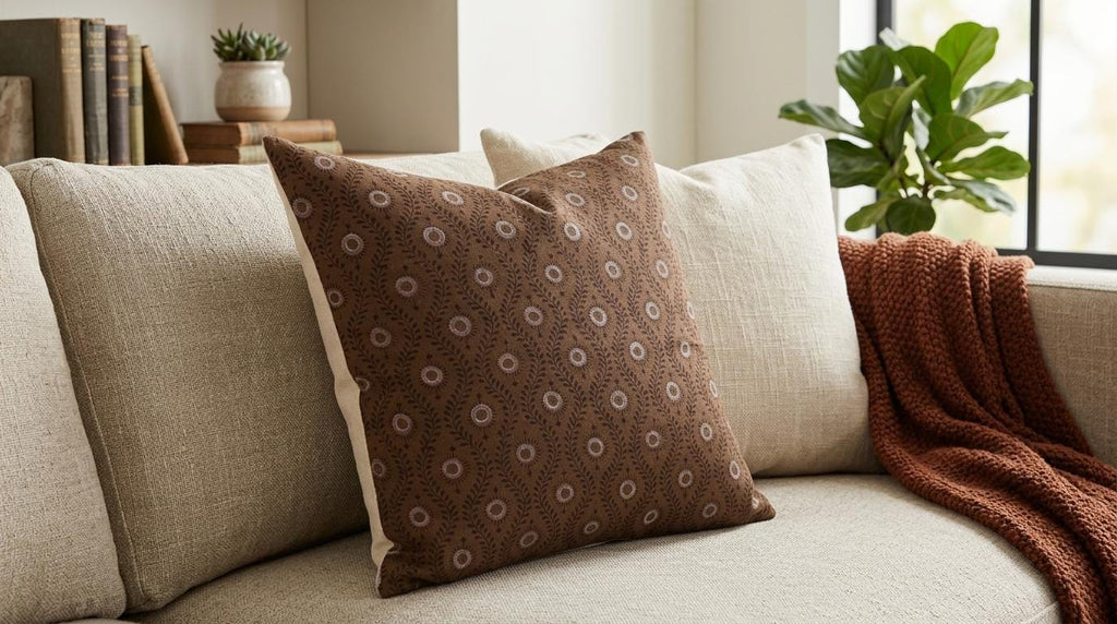 Vine medallion block print pillow cover styled on a sofa